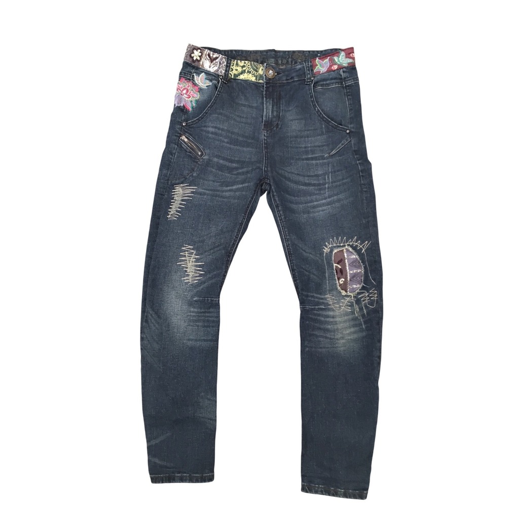 Desigual Womens Embroidered Patchwork Sequin Dark Wash Slim Distressed Jeans‎